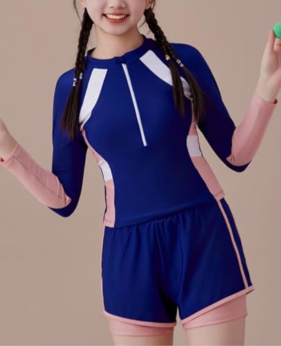 JadeRich Teen Girls Two Pieces Long Sleeve Rash Guard Swimsuit Zipper Front Surfing Bathing Suit Modest Swimwear2