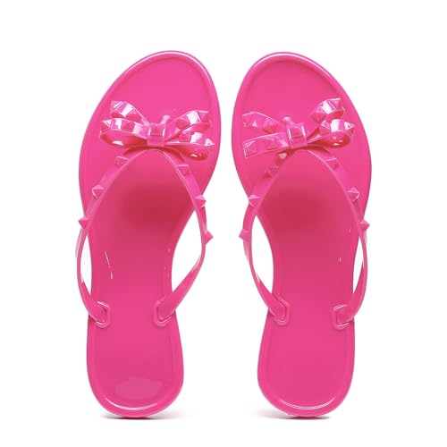 Image of Studded Jelly Shoes for Womens Bow Flip Flops Jellies Sandals Flat Black Summer Beach Thong with Rivets Strappy Slides Slip On