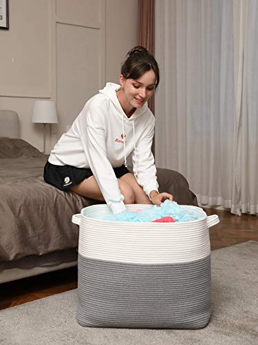 22"X14"X18" Mega Size Rectangular Extra Large Storage Basket, Cotton Rope Storage Baskets, Woven Laundry Hamper, Toy Storage Bin, For Toys Blanket In Living Room, Baby Nursery, Grey #TOP6