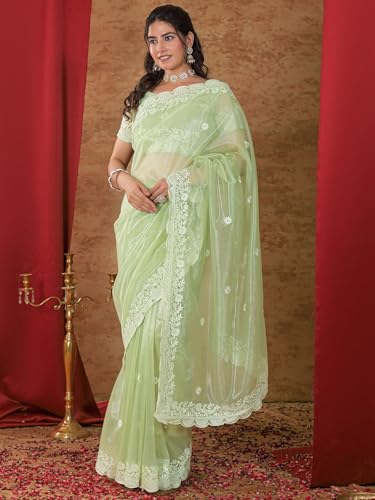 Image of Satrani Women's Net Embroidery Saree with Unstitched Blouse Piece