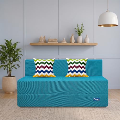 Image of Starlon 3 Seater Sofa Cum Bed Foldable 3-in-1 Sofa Bed with 1 Year Warranty, Washable Jute Fabric Cover & 2 Waves Pillows | Aqua Teal 5x6.5 Ft