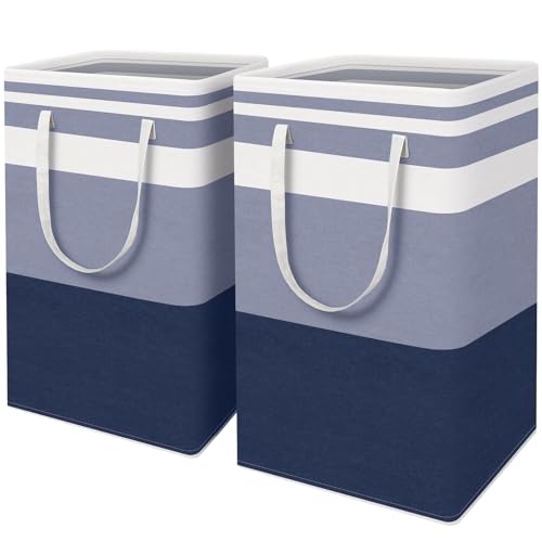HomeHacks 2-Pack Large Laundry Basket, Waterproof, Freestanding Laundry Hamper, Collapsible Tall Clothes Hamper with Extended Handles for Clothes Toys in the Dorm and Family (Blue, 88L)