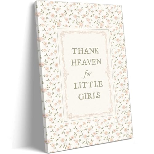 Image of Girl Nursery Canvas Wall Art, Thank Heaven for Little Girls Quotes Poster, Farmhouse Floral Pattern Pastel Pink Wall Print, Flowers Green Botanical Picture for Kids Bedroom 12x16in Unframed