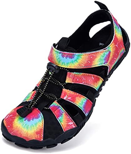 Women's Outdoor Hiking Sandals Comfortable Barefoot Aqua Sports Sandals Women Athletic Tie Dye Water Shoes Hook and Loop Straps for Beach Size 7.5