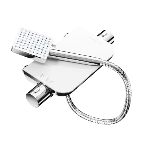 Cobbe Thermostatische Duscharmatur mit eckigem 6 Modi Filterduschkopf, 1,5m G1/2'' Universal Anschluss Edelstahlschlauch, Doppelfunktion-Wasserauslasssteuerung, wandmontiert (Chrom/Weiß)
