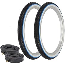 OG Lowrider Pair of Tires 20" X 1.75" G-5009 Black/White SIDEWALL W/Blue LINE Brick Tread Tires W/Heavy DUTYTUBES
