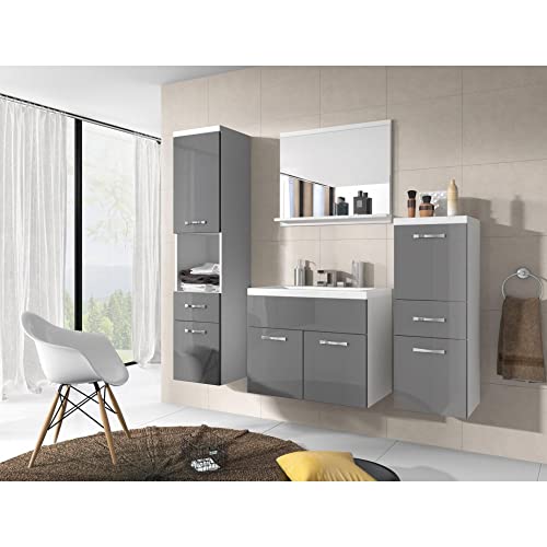 Faizee Home Badmöbel Set Grau - Waschbeckenunterschrank Mit Spiegel & Armatur