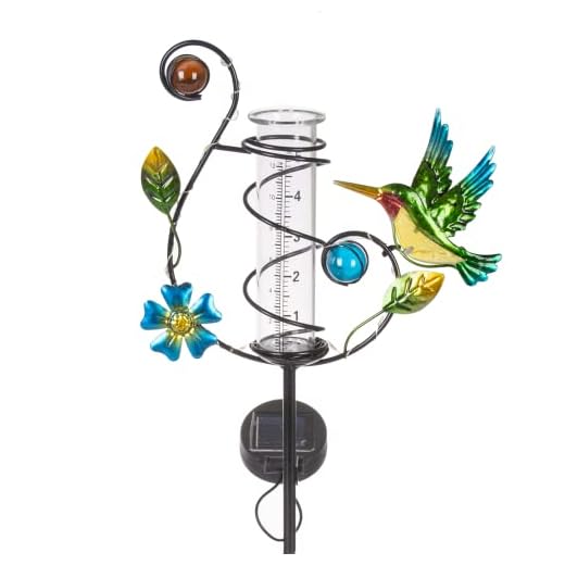 HOBYLUBY 35'' Hummingbird Rain Gauge Outdoor - Solar Rain Gauges with LED Light for Yards, Lawns, Pathway, Patio (Colorful)