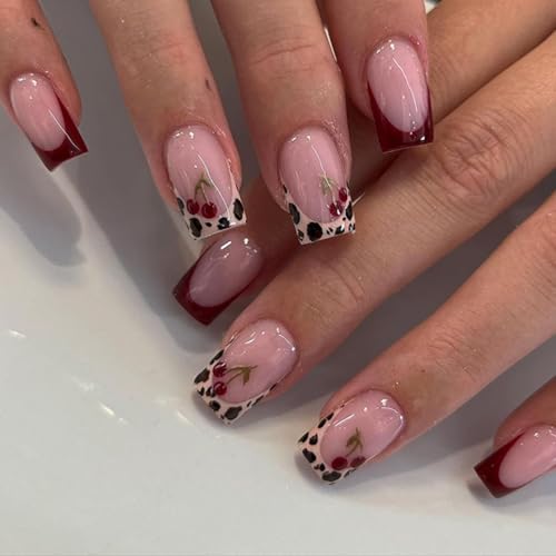 XZMeiLun French Tip Press On Nails Square Short, Leopard Cherry French Tip Short acrylic Press on Nails for women, 12Sizes-24Pcs Reusable Stick Cute Fake Nails Kit with Glue For Women, Salon Quality