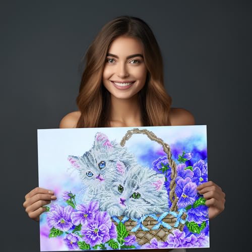 Image of DIAMOND DOTZ Kitty Basket Diamond Painting Kits for Adults - Diamond Art Kits a Relaxing Creative Craft Kit with Dotz Gems 15x20.5