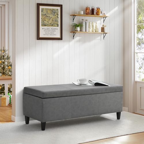 Image of Storage Ottoman Bench 50.3 inch Faux Leather Upholstered End of Bed Bench, Grey