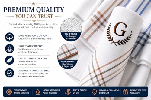 Image of GOLU MOLU Cotton White Formal Handkerchief Pack Of 6 | Office Travel Daily Use | Custom Initial Design | Free Size | Cotton Fabric | Customised N95 Mask Included