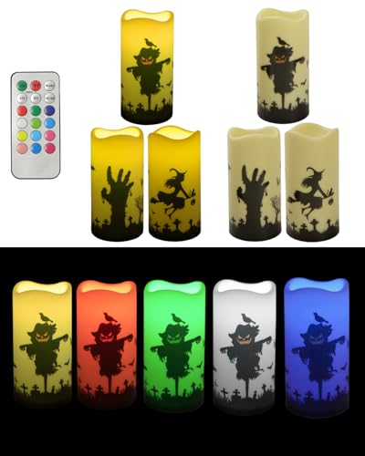 Image of Halloween Battery Operated Pillar Flameless Candles with Timer Remote for Decorations Indoor Set of 3