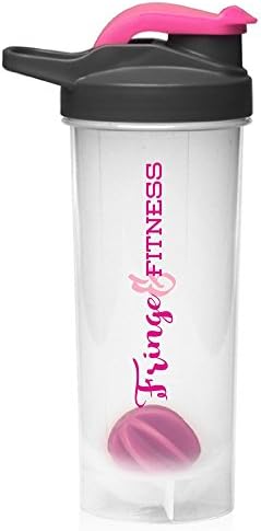 Protein Mixer Shaker Bottle by Fringe and Fitness | 24oz Capacity, Black Screw On Cap with Pink Weighted Mixing Ball and Snap Lid. Convenient Carry Handle, BPA Free, Supplement Powder Drink Blender