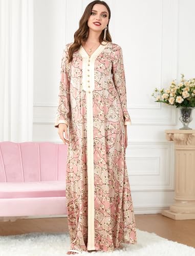 FYMNSI Abaya Dress for Women Muslim Modest Maxi Robe Floral V Neck Eid Prayer Dresses Dubai Clothing Arabian Islamic Kaftan2