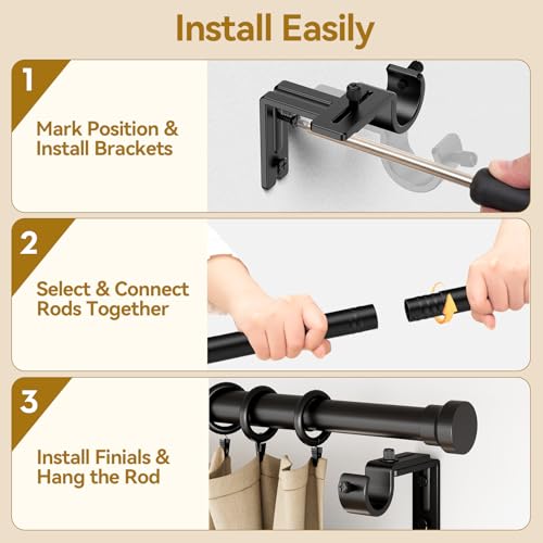 Image of YaFex Curtain Rods 32-170 Inch, Heavy Duty 1 Inch Adjustable Curtain Rod for Windows, Black Extra Long Window Treatment Rods, Modern Design, Easy Installation