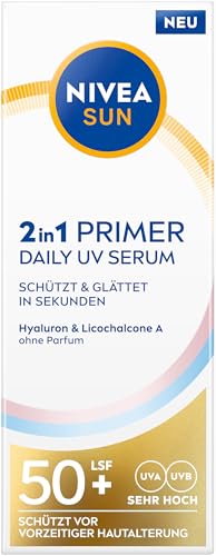 NIVEA SUN Primer Daily - Serum UV 2 en 1 FPS 50+, crema solar sin perfume para una piel facial más suave con ácido hialurónico y antioxidante, cuidado facial de absorción rápida con SPF (30 ml)