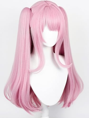 Image of Half and Half Pink Ponytail Wig with Bang Long Curly Dark Pink Anime Cosplay Wigs Purple Pink Pigtails Twin Tails Wigs for Women Halloween Daily