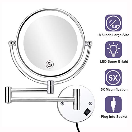 ALHAKIN 8.5 Inch LED Lighted Wall Mounted Makeup Mirror with 5X Magnification, Double