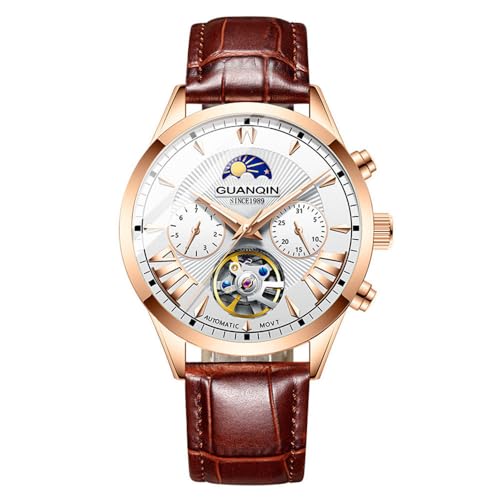 Guanqin Montre mécanique multifonction à remontage automatique pour homme - Cristal saphir - Double face creuse - Étanche - Phase de lune - Bracelet en...