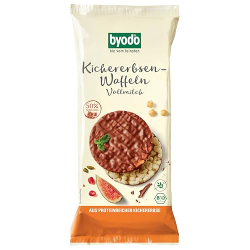 Byodo Kichererbsenwaffeln Vollmilch 65g - Proteinreiche Snack-Alternative, Luftig aufgepufft, Extra Vollmilchschokolade, Knusprig & Cremig