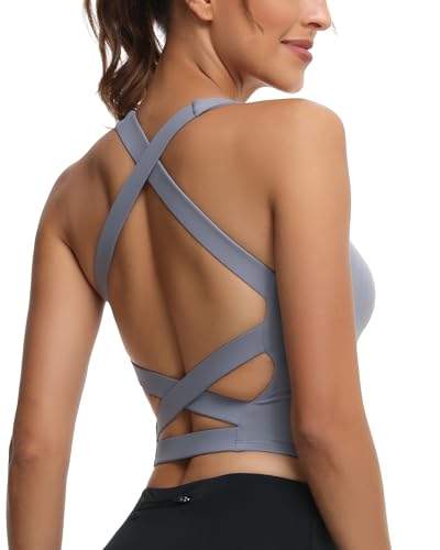 Image of romansong Strappy Yoga Sports Bras for Women Padded Criss-Cross Back Tank Tops