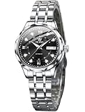 OUPINKE Women's Automatic Mechanical Watch Diamond Dial Silver Black Casual Dress Watch Self Winding Day Date Waterproof Stainless Steel Band