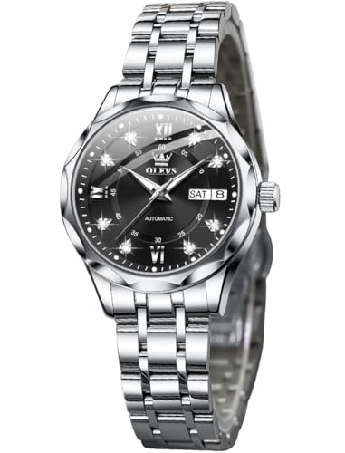 OUPINKE Women's Automatic Mechanical Watch Diamond Dial Silver Black Casual Dress Watch Self Winding Day Date Waterproof Stainless Steel Band