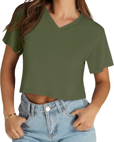 Image of Womens Crop Tops Short Sleeve V Neck Summer Cropped T Shirts Baisc Tees