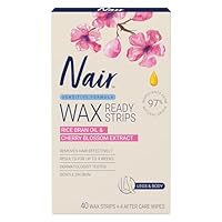 Nair Sensitive Large Hair Remover Wax Strips – For Sensitive Skin, Legs, Underarms and Bikini Area – No Need to Rub, Ready to Use – Natural Derived Formula - 40 Wax Strips 4 after Care Wipes