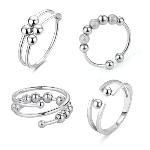 JYNXOR 4 Pcs Anillo Antiestres Mujer,Anillos De Ansiedad,Acero Inoxidable Anillo Giratorio Con Perlas,Abierto Anillos Ajustables Apilables,Fidget Anillo Ansiedad,Regalo Joyería Para Mujere Niñas,Plata