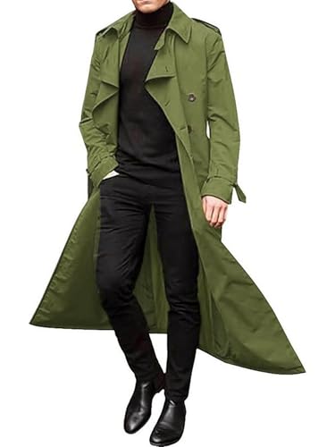 SANSIWU Mens Long Trench Coat Winter Classic Lapel Double Breasted Wool Blend Oversized Peacoat (Army Green XL)