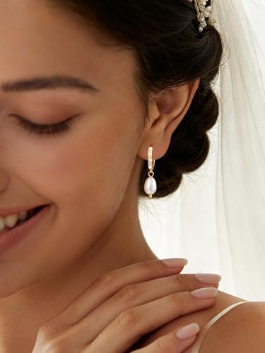 POAIIU Gold Pearl Earrings for Women, Pearl Drop Earrings 14K Plated CZ Pave Huggie, Pearl Hoop Earrings Bridesmaid Earrings Tarnish Resistant — view 2