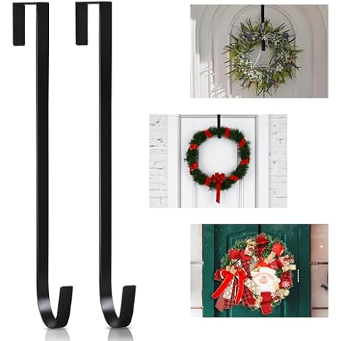 PECULA 2 Pack 14” Wreath Hangers for Front Door, Wreath Door Hanger 40lb Load-Bearing, Metal Wreath Hanger for Welcome Sign, Door Wreath Hanger for Halloween, Easter, Christmas Decorations (Black) Cover