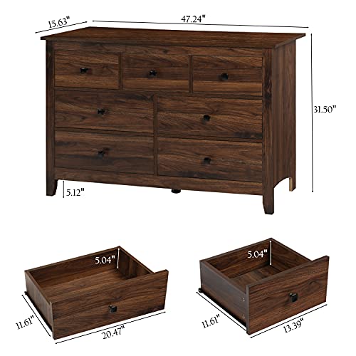 Vikiullf Dresser and Nightstand Set - 3 Pieces Bedroom Set with 7 Drawer Dresser and 2 Drawer Nightstands, Wooden Dresser and Nightstands for Bedroom, Brwon Wood Grain - Thumbnail 3