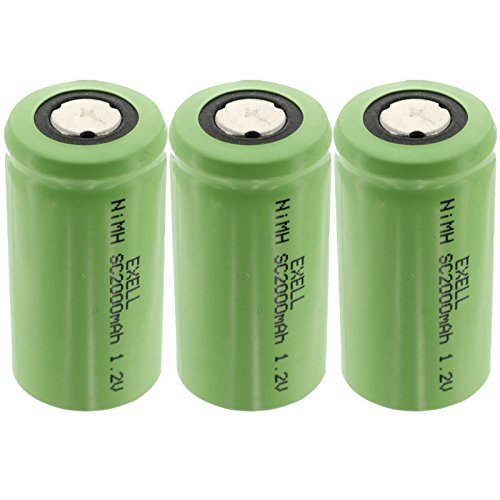3x Exell 1.2V SubC 2000mAh NIMH Rechargeable Flat Top Batteries for use with cameras, camcorders, mobile phones, pagers, instruments/equipment, high power static applications
