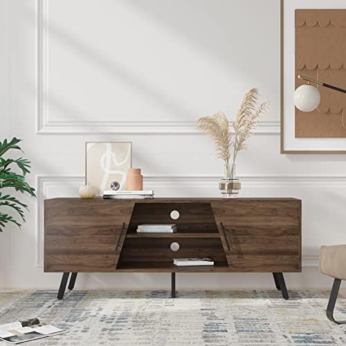 Novilla 110cm TV Stand Cabinet for 50 Inch TV, 2 Tier TV Cabinet with 2 Doors, Six-zone Storage, Adjustable Shelf & Metal table legs, Anti-scratch & Waterproof Desktop, Rustic Brown, 110x40x50cm