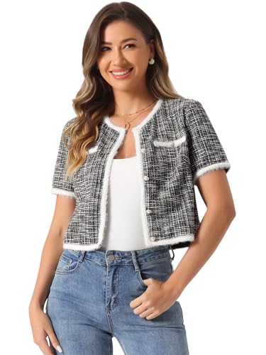 Allegra K Short Sleeve Tweed Jacket for Women Summer Crew Neck Button Front Cropped Cardigan