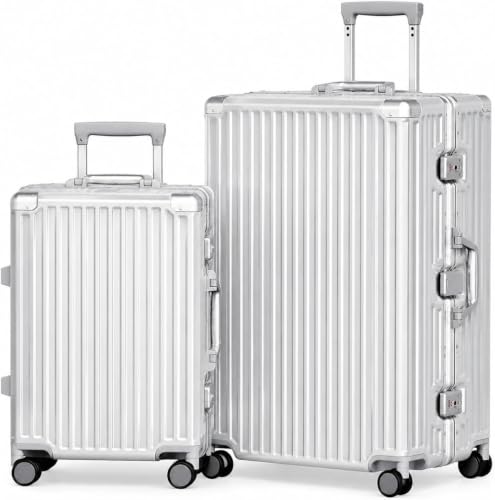 Image of AnyZip Luggage Sets 2 Piece Aluminum Frame Carry On and Checked Suitcase PC ABS Hard Shell TSA Lock No Zipper(Silver, 20 /28)