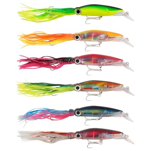 Señuelos de Pesca de Calamar, WASAGA 6 Piezas 17.6g/38g Pulpo Swimbait Cebo para Peces de Agua Salada en la Superficie del Mar para Lucioperca Amarilla Lucio Lubina Trucha Almizclera Atún