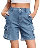 IVIR Bermuda Cargo Shorts for Women Knee Length 6 Pockets Elastic Waist Long Shorts for Summer Casual Army Dark Blue L