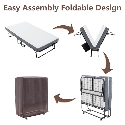 Hohuqeri Portable Folding Bed with Mattress, 75 x 38 Inches Twin Size Folded Roll Away Guest Bed for Adults, Foldable with Sturdy Metal Frame on Wheels, Fold up with 5 Inches Memory Foam Mattress