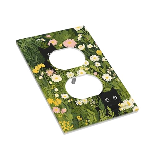 Decorative Outlet Covers Funny Cute Black Cat Colorful Flower Green Plant 1 Gang Duplex Light Switch Cover Plate Wall Plates for Electrical Outlets Switchplate Faceplate for Home Decor
