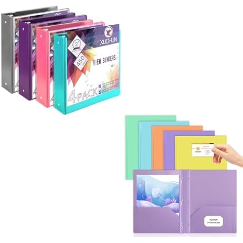 4 Pack 2 inch Colorful Binders& 6 Pack 3 Prong Folders Cover