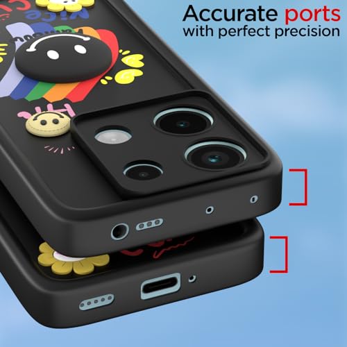Image of Pikkme Back Cover for Redmi Note 13 Pro 5G / Poco X6 5G | Soft Silicone| Cute Rainbow Smile & 3D Cartoon Flower Design | Shockproof Raised Camera Protection Bumper Case (Black)