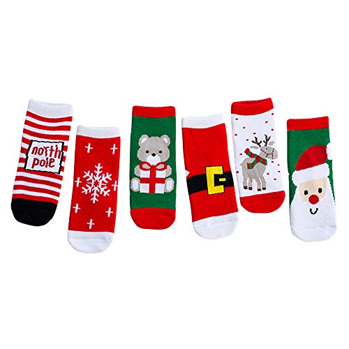 Weihnachtsstrümpfe Verdicken Sie Frei und bequem Nicht eng Schleifen Füße Nicht leicht verformt Kinder Stretch Socken Niedliche Comic-Muster 6 Paare Geeignet für 4-6 Jahre alt Füße 14-16cm (eins) Cover