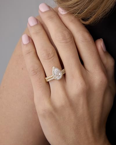 PAVOI 14K Gold Plated 1.7CT Pear Cubic Zirconia Eternity Engagement Ring Promise Ring Set for Women - Hidden Halo2