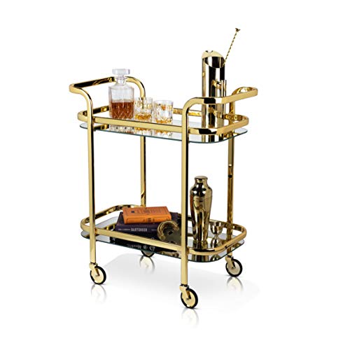 Viski Kitchen and Bar Cart with Wheels and Mirror Shelves, Kitchen and Bartending Accessories Holder, Stainless Steel, Gold Finish