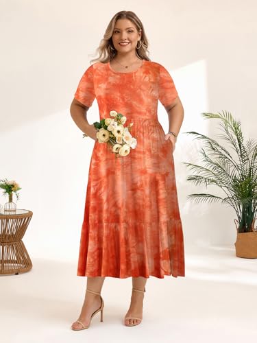 Image of LARACE Plus Size Dresses for Women Summer Casual Short Sleeve Long Dress Flowy Maxi Beach Dresses with Pockets L-6XL