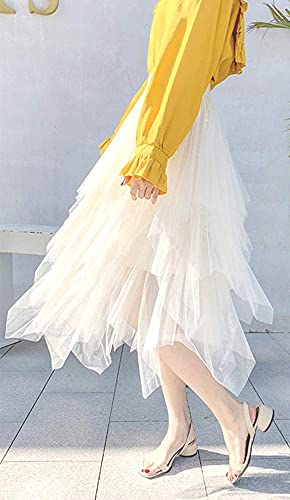 Lbkkc Women's Tulle Skirt Formal High Low Asymmetrical Midi Tea-Length Elastic Waist Skirt Off White #TOP4
